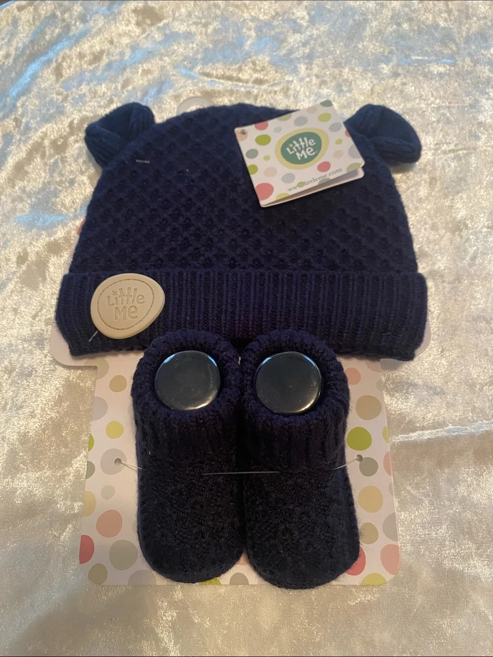 Little Me Navy Knit Hat with Ear Details and Matching Booties